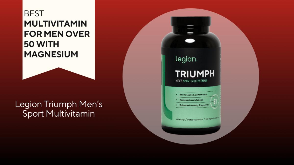 A red background with a white banner that says, "Best Multivitamin for Men Over 50 with Magnesium" next to a picture of a black and green container that says Legion Triumph Men's Sport Multivitamin in white font