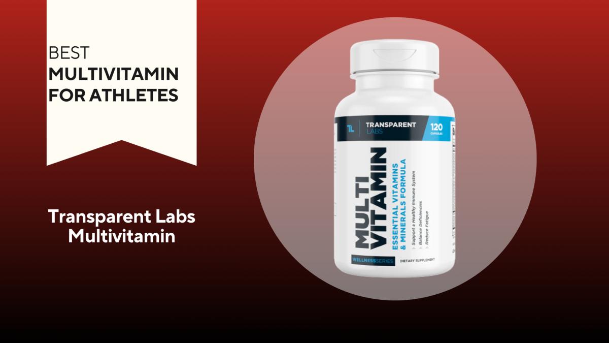 A red and black background with a white banner that reads Best Multivitamin for Athletes next to a bottle of Transparent Labs Multivitamin essential vitamins and minerals formula