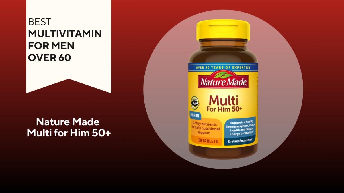 A red background with a white banner that says, "Best Multivitamin for Men Over 60" next to a brown and yellow container that says Nature Made Multi for Him 50+ in maroon font