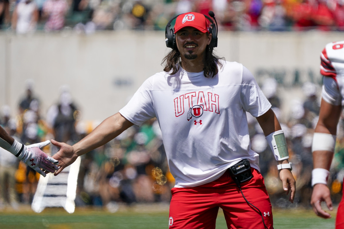 Sep 9, 2023; Waco, Texas, USA; Utah Utes quarterback Cameron Rising (7) on the sidelines following a Utah Utes touchdown against the Baylor Bears during the second half at McLane Stadium. Mandatory Credit: Raymond Carlin III-USA TODAY Sports