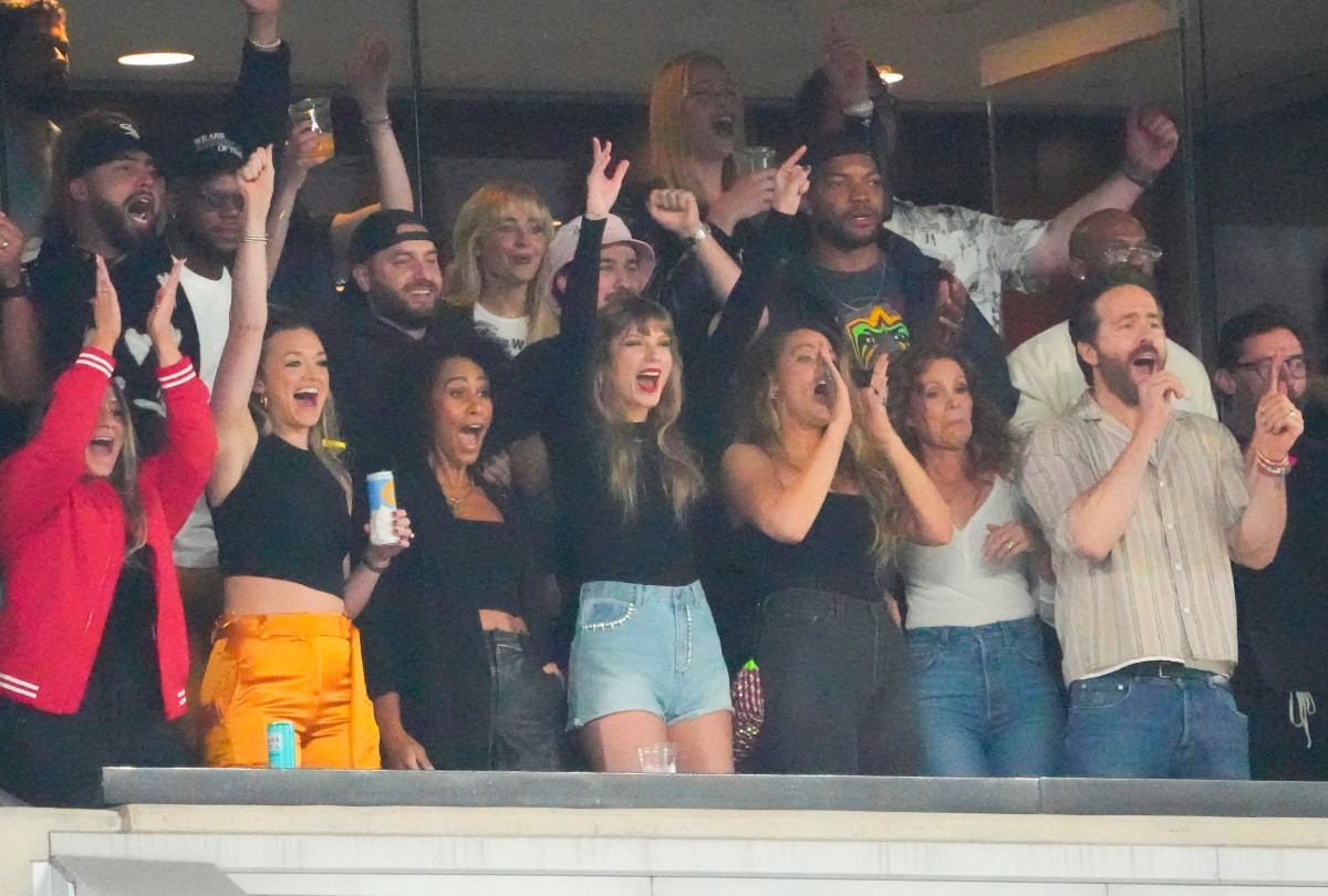 Oct 1, 2023; East Rutherford, New Jersey, USA; Taylor Swift, a guest of Kansas City Chiefs tight end Travis Kelce (87), cheers during the game at MetLife Stadium. Mandatory Credit: Robert Deutsch-USA TODAY Sports  