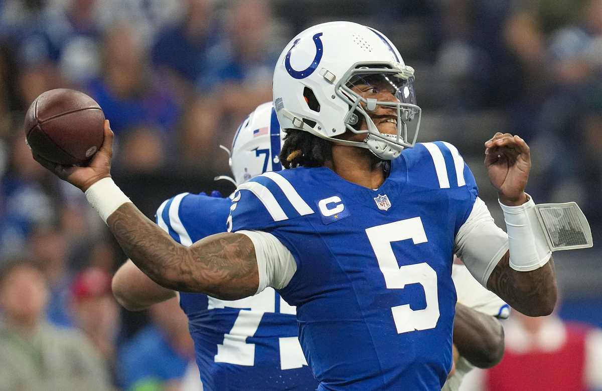Indianapolis Colts quarterback Anthony Richardson (5) passes during the first half of the game against the Los Angeles Rams on Sunday, Oct. 1, 2023, at Lucas Oil Stadium in Indianapolis.