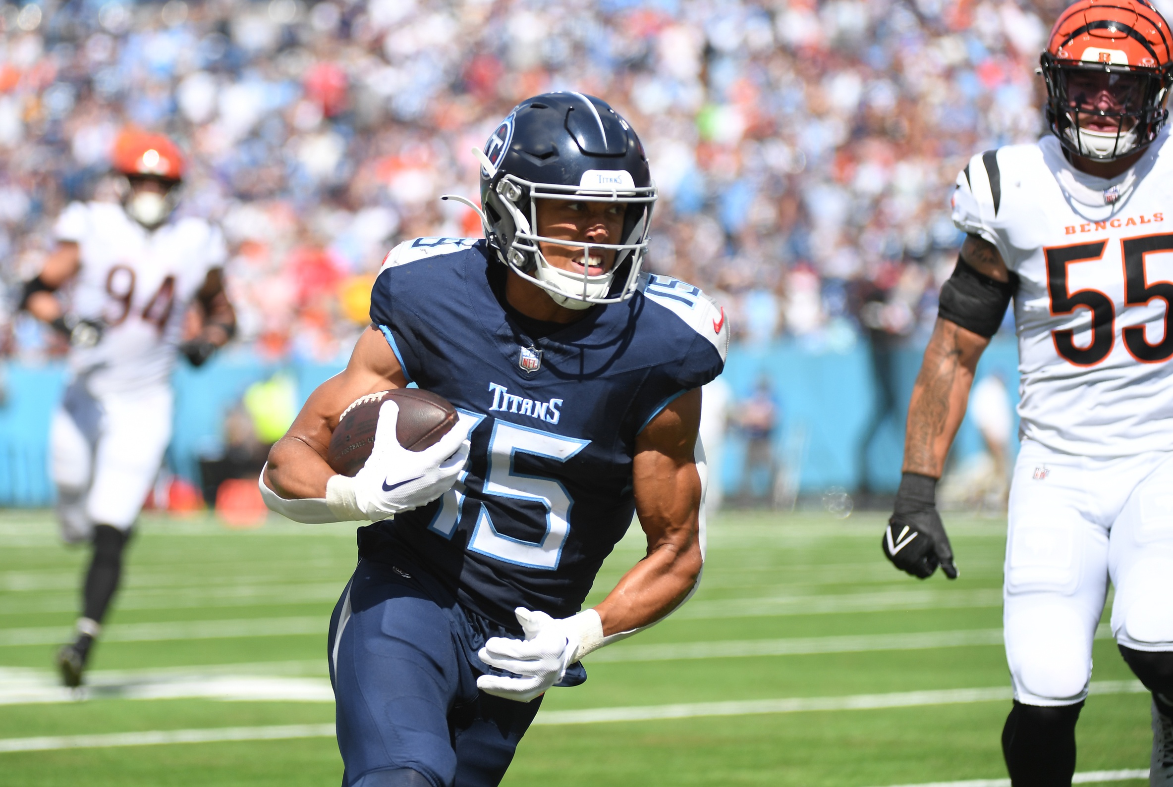 Titans wide receiver Nick Westbrook-Ikhine (15) runs for a touchdown after a reception. 