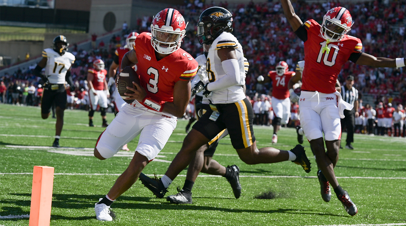 Maryland quarterback Taulia Tagovailoa scores a touchdown vs. Towson.