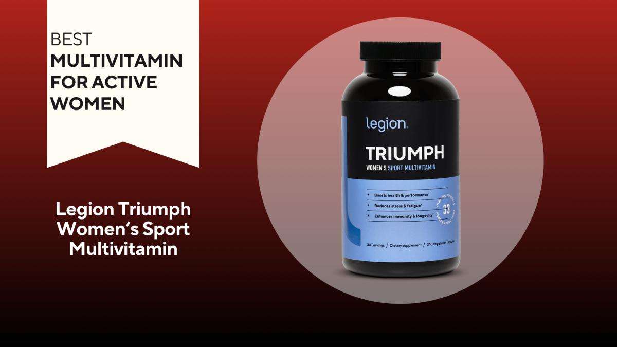 A red background with a banner reading "Best Multivitamin for Active Women" next to a black and lavender bottle that says Legion Triumph Women's Sport Multivitamin in white and lavender text