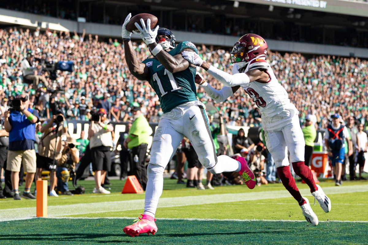 A.J. Brown scores his second touchdown of the Eagles' 34-31 OT win over the Washington Commanders