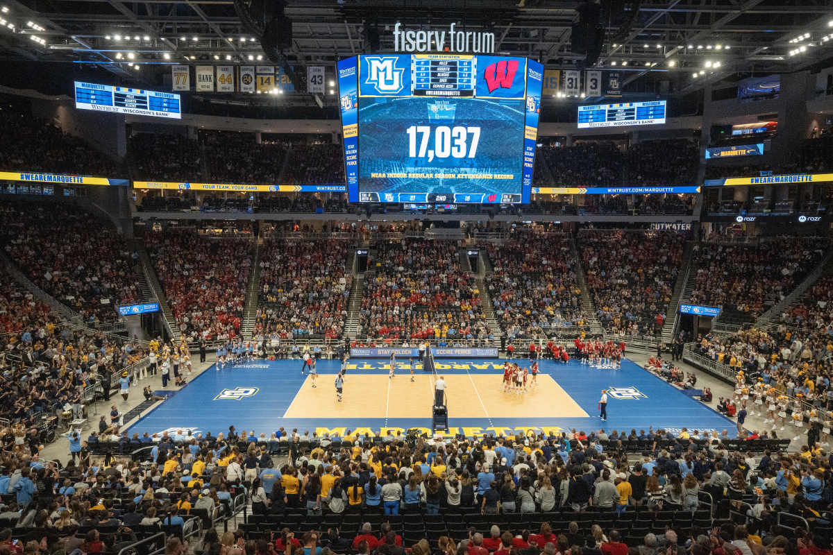 Sep 13, 2023; Milwaukee, WI, USA; A general view of volleyball match between the Wisconsin Badgers and the Marquette Golden Eagles on Wednesday, September 13, 2023 at Fiserv Forum in Milwaukee, Wis. Official attendance was 17.037 making it the largest indoor regular-season crowd for a volleyball match in NCAA history and the largest crowd to see a women s sporting event in Wisconsin history. Mandatory Credit: Mark Hoffman-USA TODAY Sports