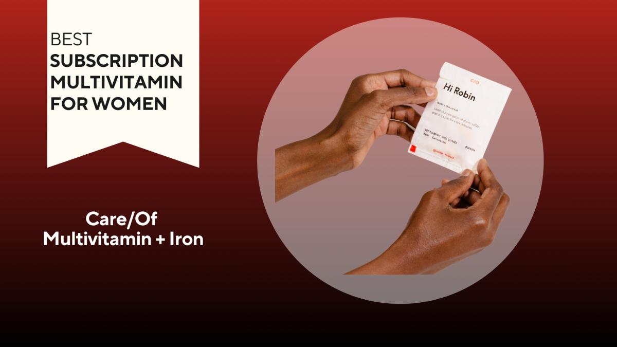A red background with a banner reading "Best Subscription Multivitamin for Women" next to two hands holding a white plastic packet of Care/Of personalized vitamins