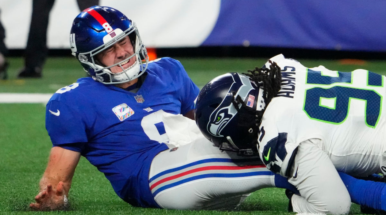 Seahawks defensive tackle Myles Adams sacks Giants quarterback Daniel Jones during Seattle’s 24–3 win over New York on Oct. 2, 2023.