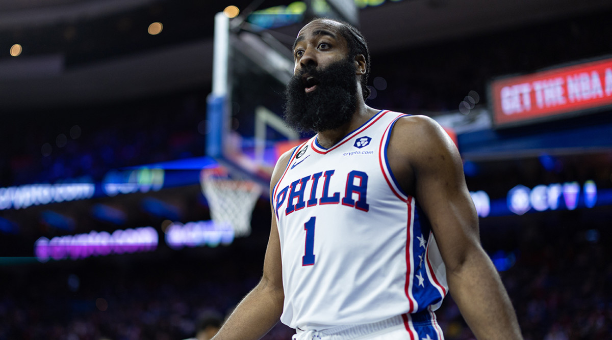 76ers guard James Harden (1) reacts after being fouled during the fourth quarter against the Cavaliers at Wells Fargo Center.