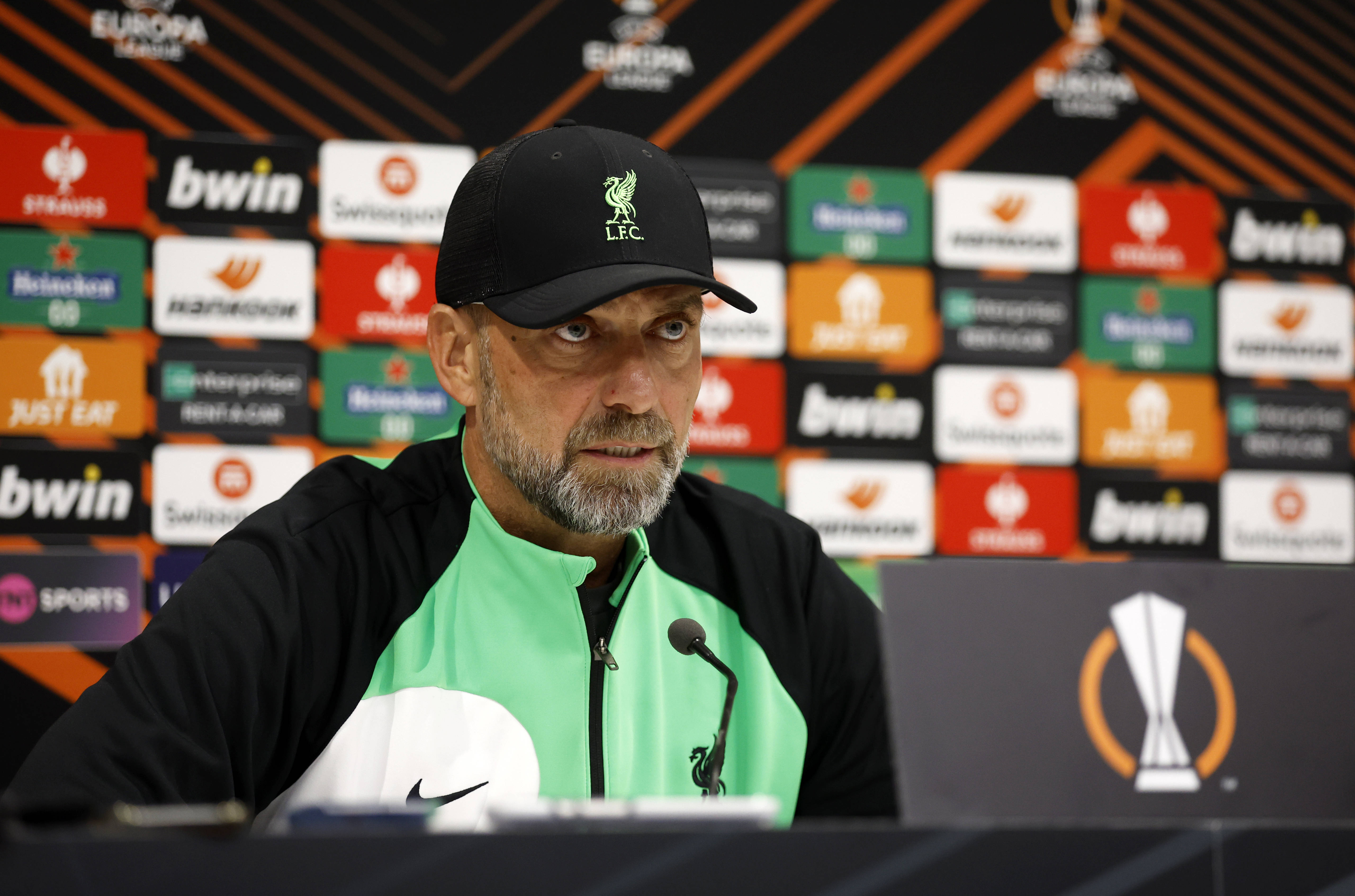 Liverpool manager Jurgen Klopp pictured during a press conference before his team's UEFA Europa League game against Royale Union Saint-Gilloise in October 2023