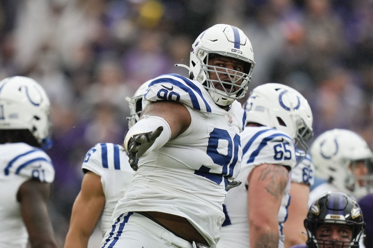 Sep 24, 2023; Baltimore, Maryland, USA; Indianapolis Colts defensive tackle Grover Stewart (90) reacts after the Indianapolis Colts score a field goal in the fourth quarter against the Baltimore Ravens at M&T Bank Stadium.