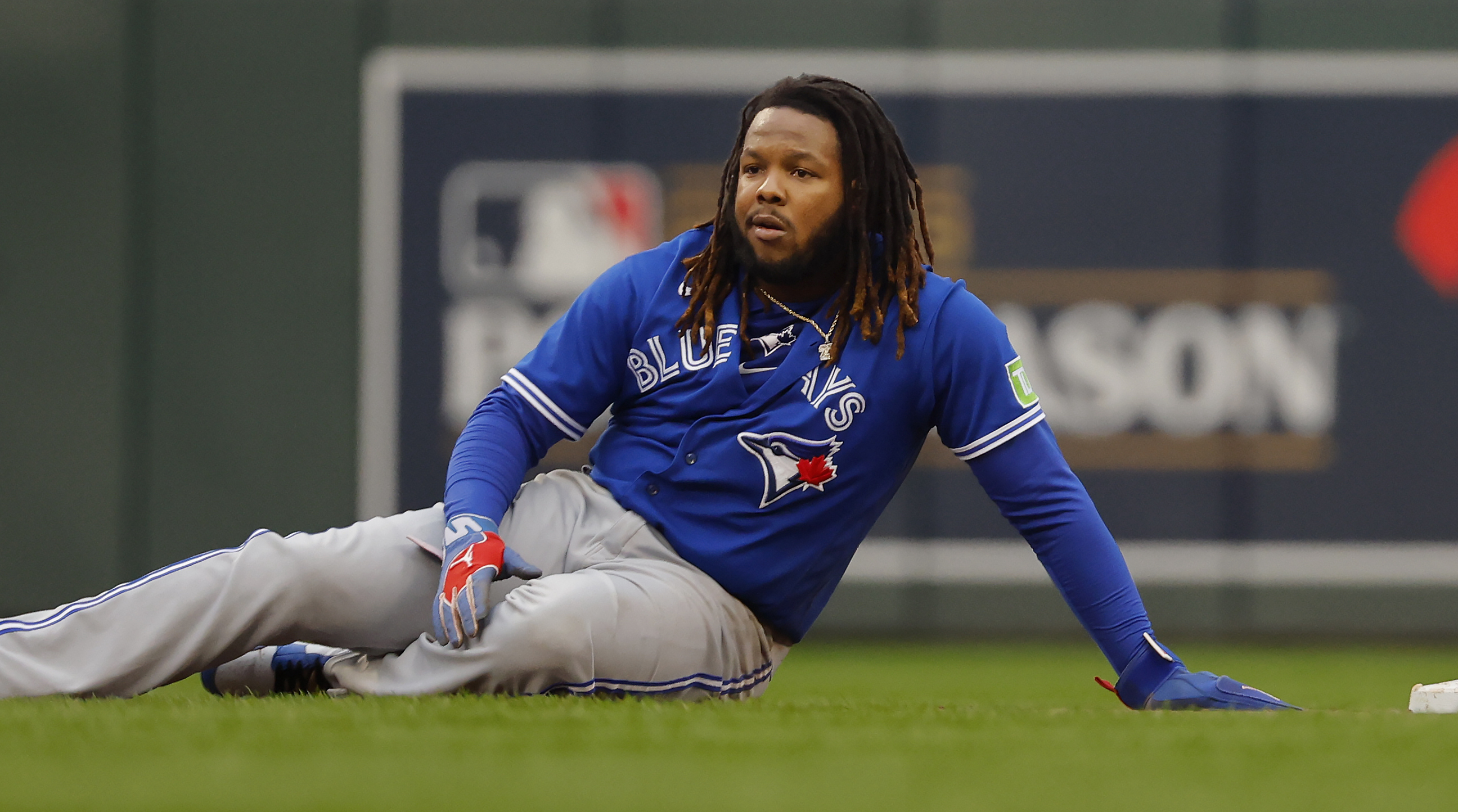 Toronto Blue Jays' Vladimir Guerrero Jr. reacts after being picked off second base during Game 2 loss of the AL wild-card series