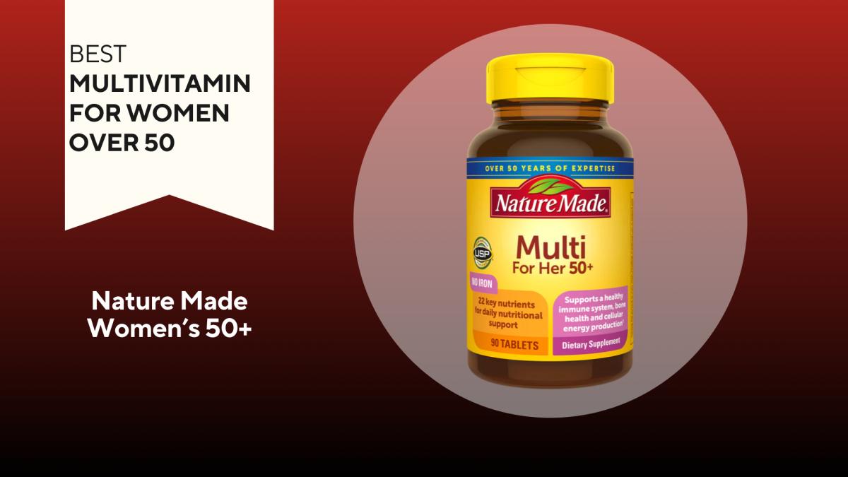A red background with a banner reading "Best Multivitamin for Women Over 50" next to an amber bottle with a yellow label that says Nature Made Multi for Her 50+