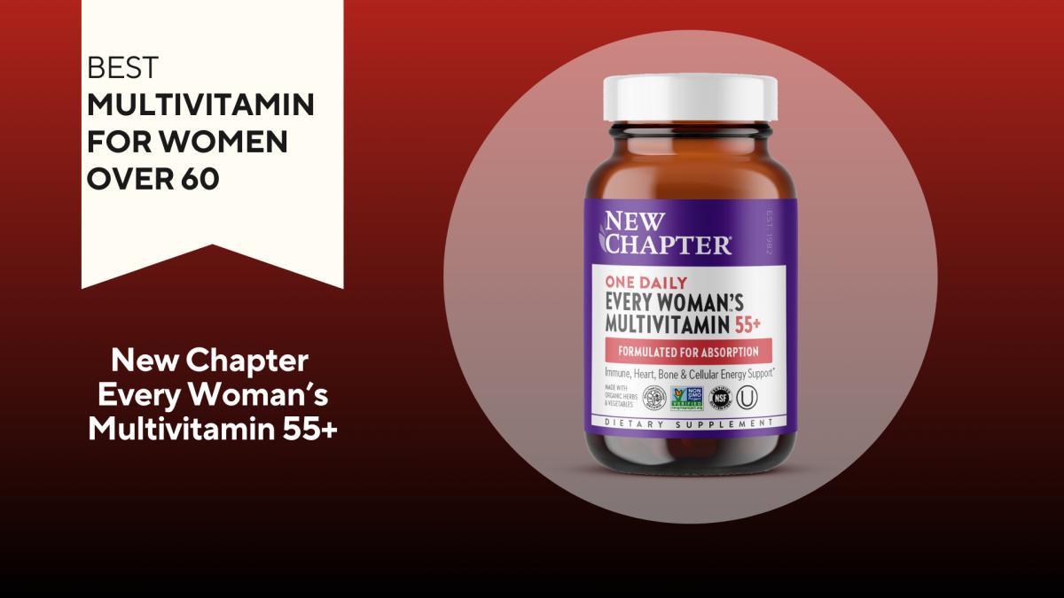 A red background with a banner reading "Best Multivitamin for Women Over 60" next to an amber bottle of with a purple and white label that says New Chapter One Daily Every Woman's Multivitamin 55+