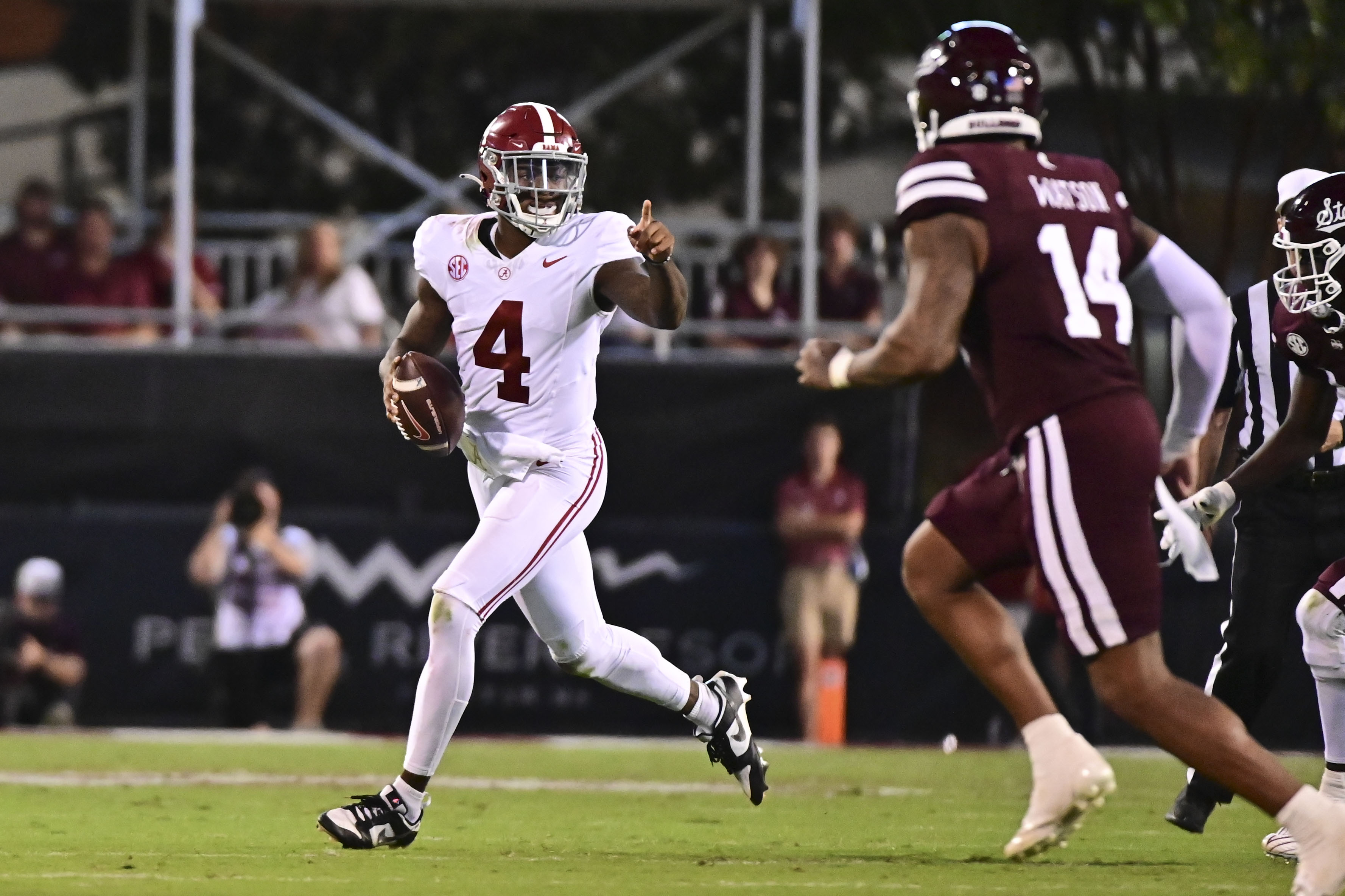 Alabama Crimson Tide QB Jalen Milroe during a win over Mississippi State. (Photo by Matt Bush of USA Today Sports)