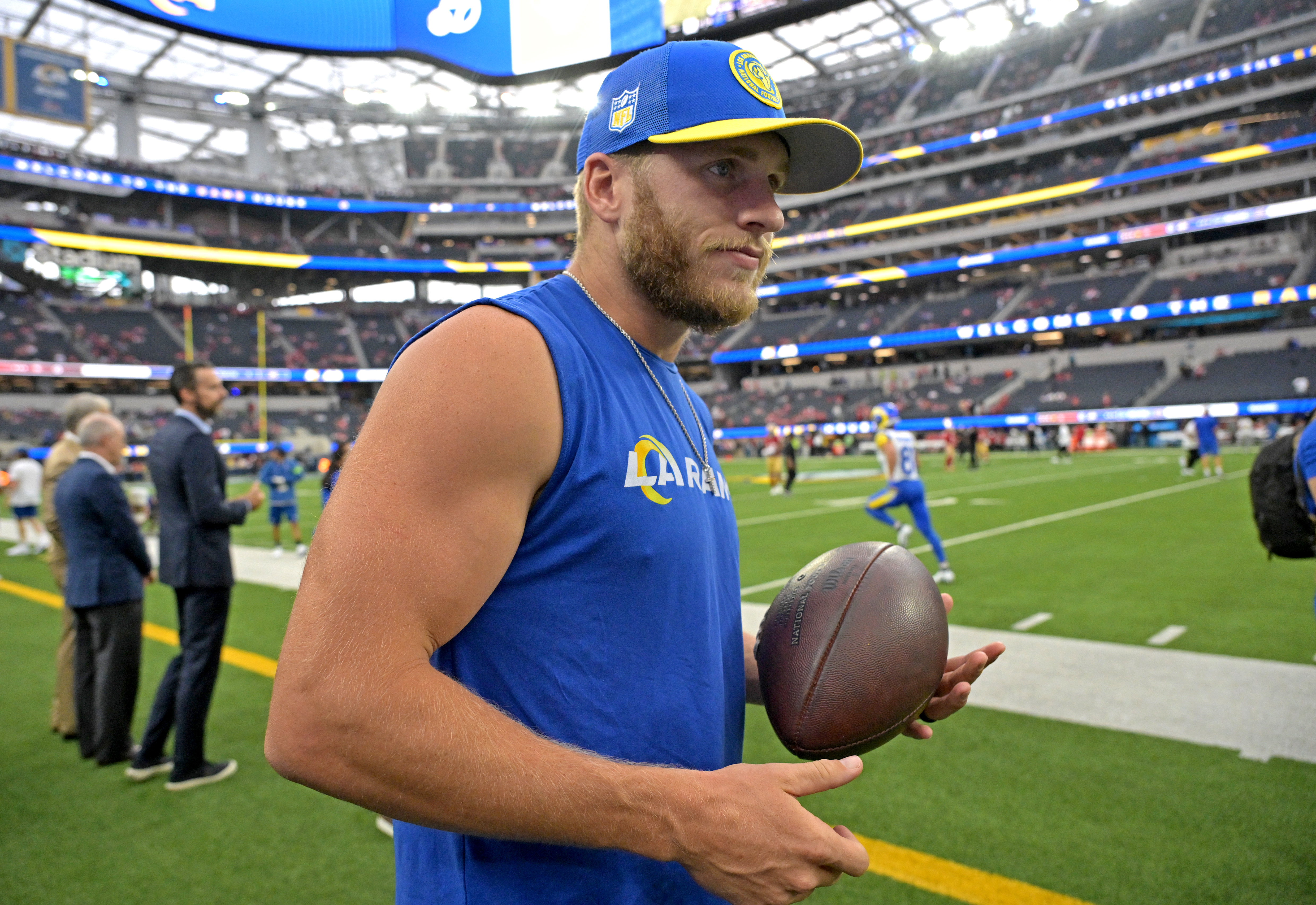 Sep 17, 2023; Inglewood, California, USA; Los Angeles Rams wide receiver Cooper Kupp (10) walks on the field prior to the game against the San Francisco 49ers at SoFi Stadium. 