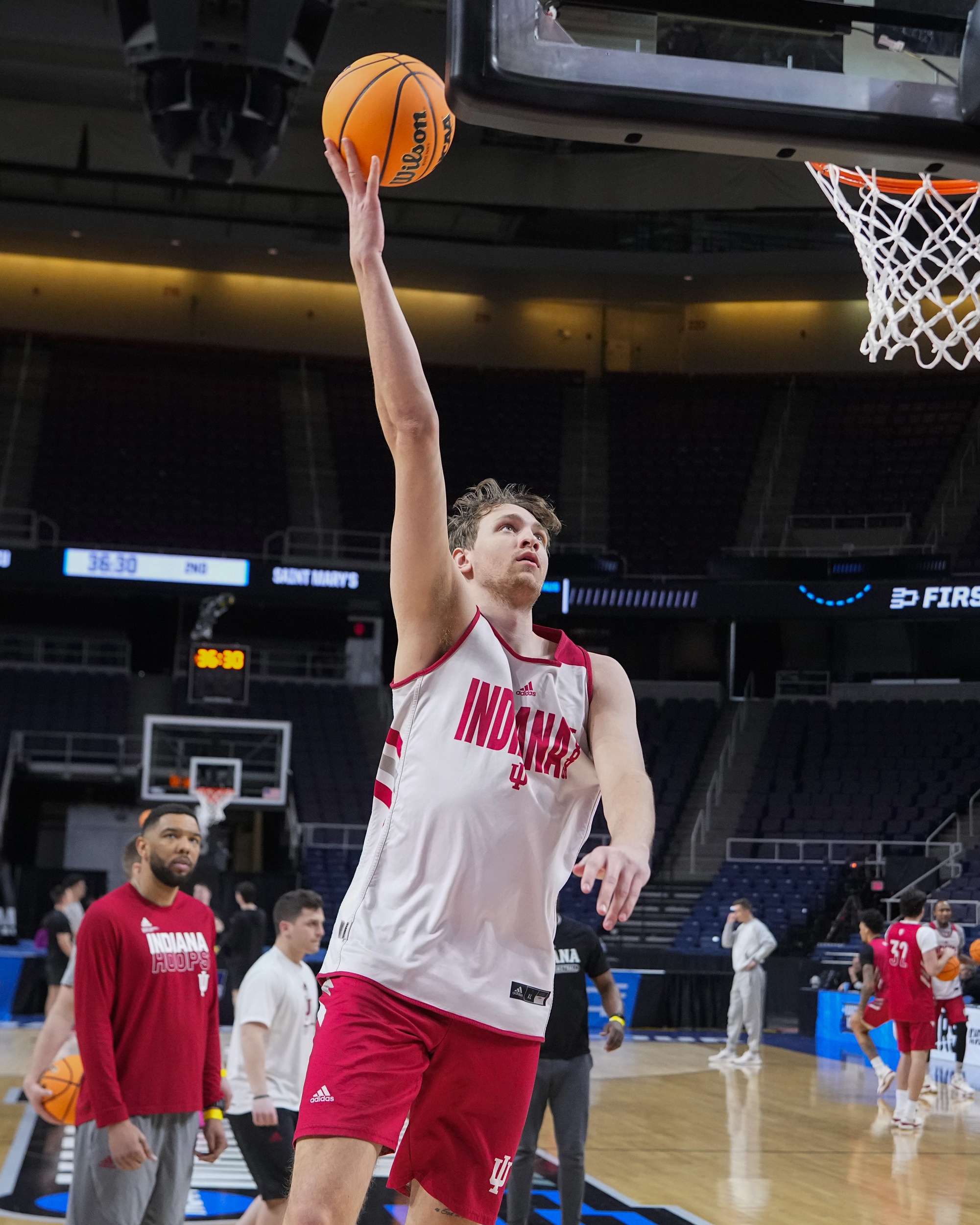 Indiana Hoosiers center Logan Duncomb (51) shoots a layup during the practice session at MVP Arena.