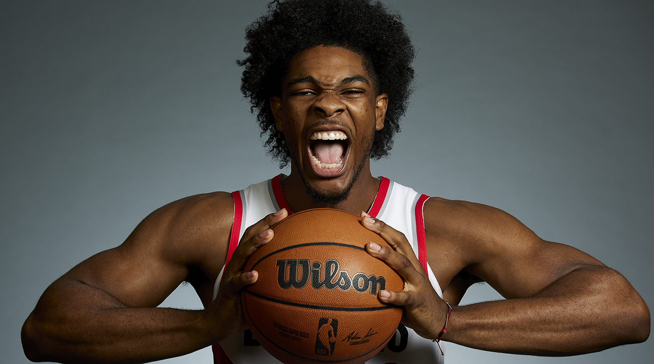 Trail Blazers guard Scoot Henderson poses for a portrait during the NBA basketball team’s media day in Portland.