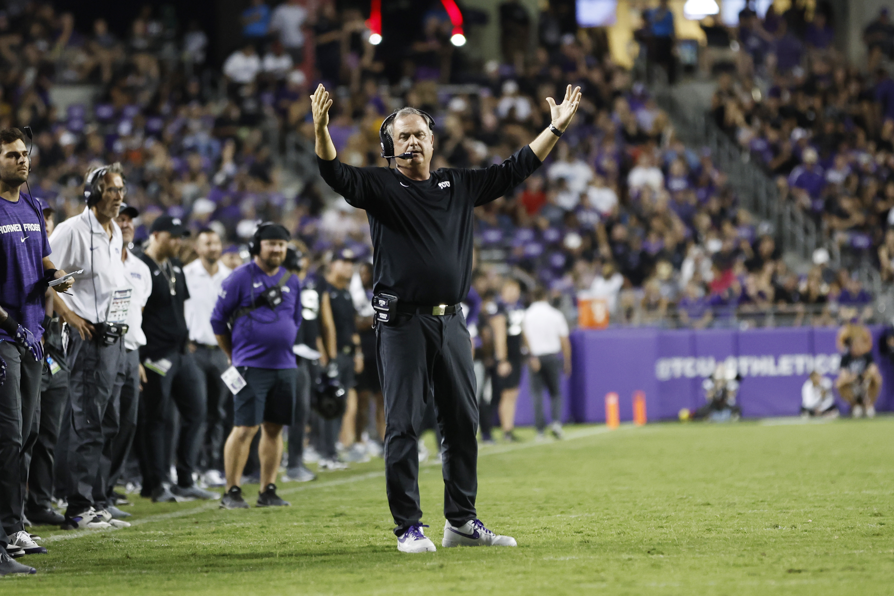Sep 30, 2023; Fort Worth, Texas, USA; TCU Horned Frogs head coach Sonny Dykes reacts to a call in the third quarter against the West Virginia Mountaineers at Amon G. Carter Stadium.