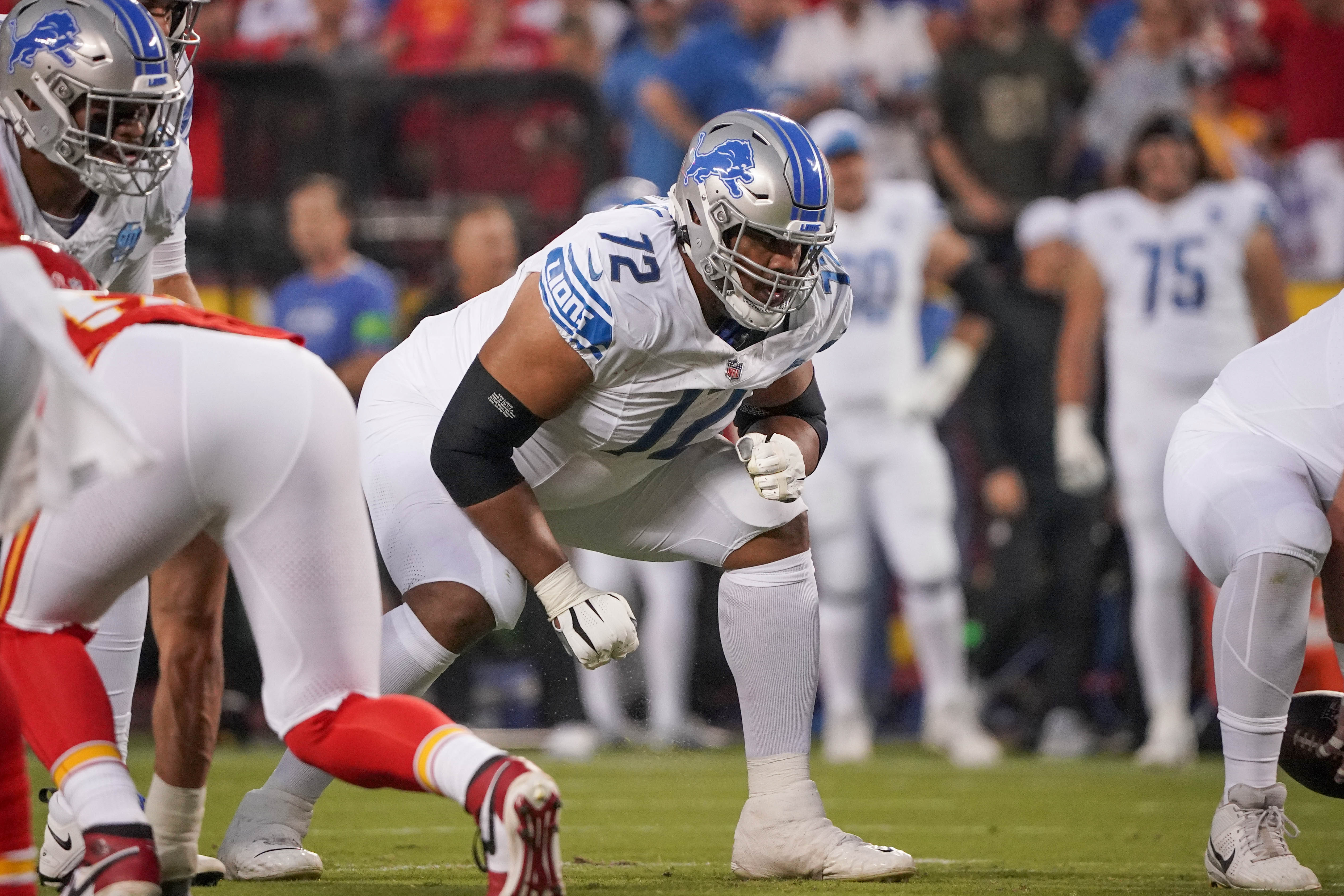 Sep 7, 2023; Kansas City, Missouri, USA; Detroit Lions guard Halapoulivaati Vaitai (72) on the line of scrimmage against the Kansas City Chiefs during the game at GEHA Field at Arrowhead Stadium. Mandatory Credit: Denny Medley-USA TODAY Sports