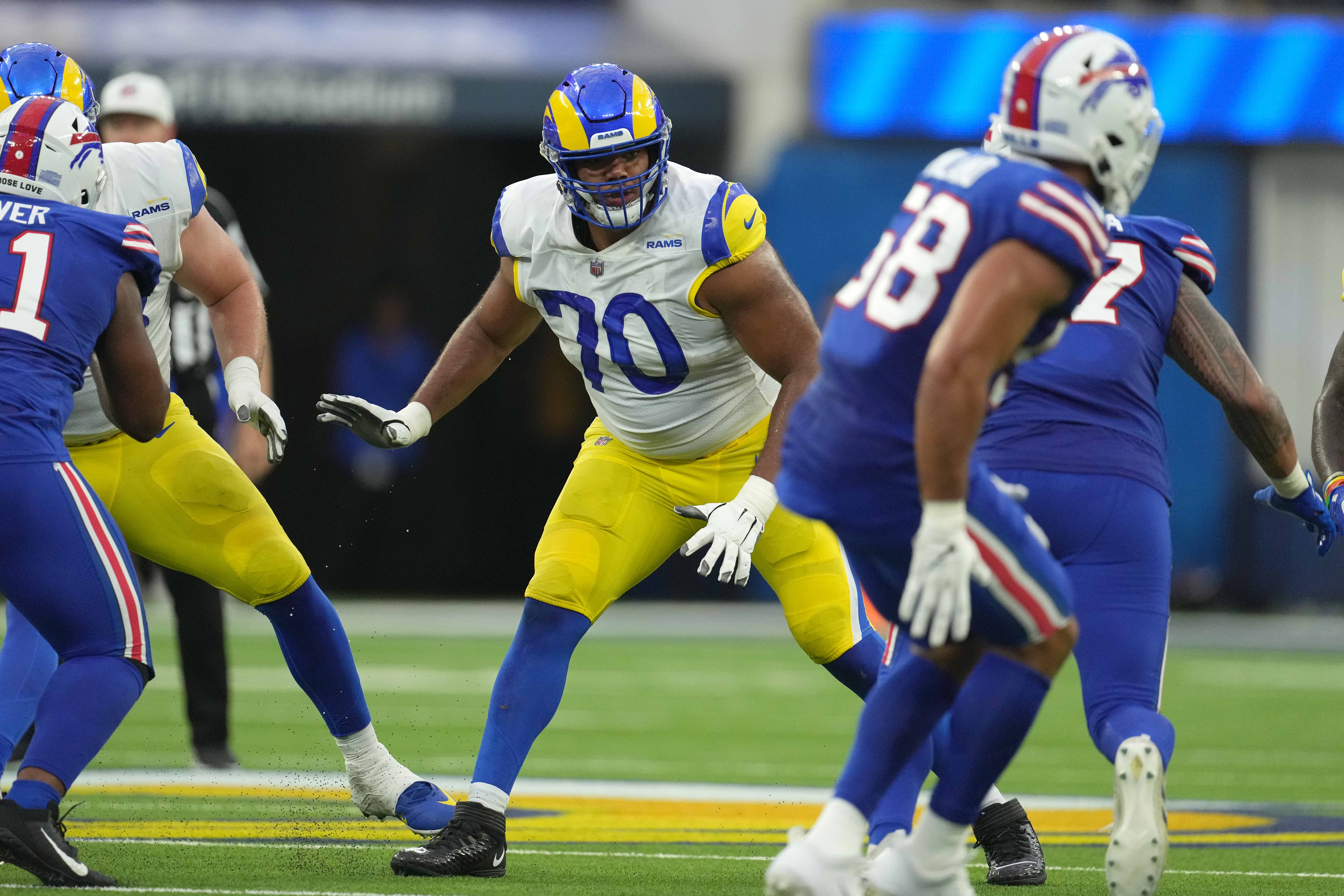Sep 8, 2022; Inglewood, California, USA; Los Angeles Rams offensive tackle Joe Noteboom (70) blocks during the game against the Buffalo Bills at SoFi Stadium. The Bills defeated the Rams 31-10. Mandatory Credit: Kirby Lee-USA TODAY Sports
