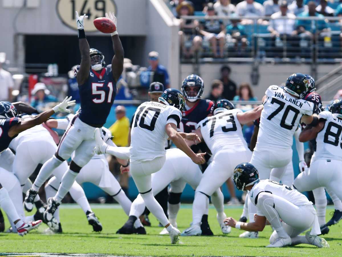 Houston Texans defensive end Will Anderson Jr. (51) blocks a field goal against the Jacksonville Jaguars Sept. 24. The Texans won 37-17.
