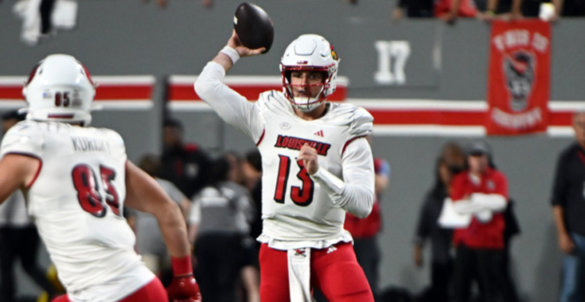 Louisville Cardinals quarterback Jack Plummer attempts a pass during a college football game in the ACC.