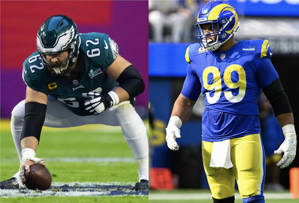 Philadelphia Eagles center Jason Kelce (62) and Los Angeles Rams defensive tackle Aaron Donald (99).