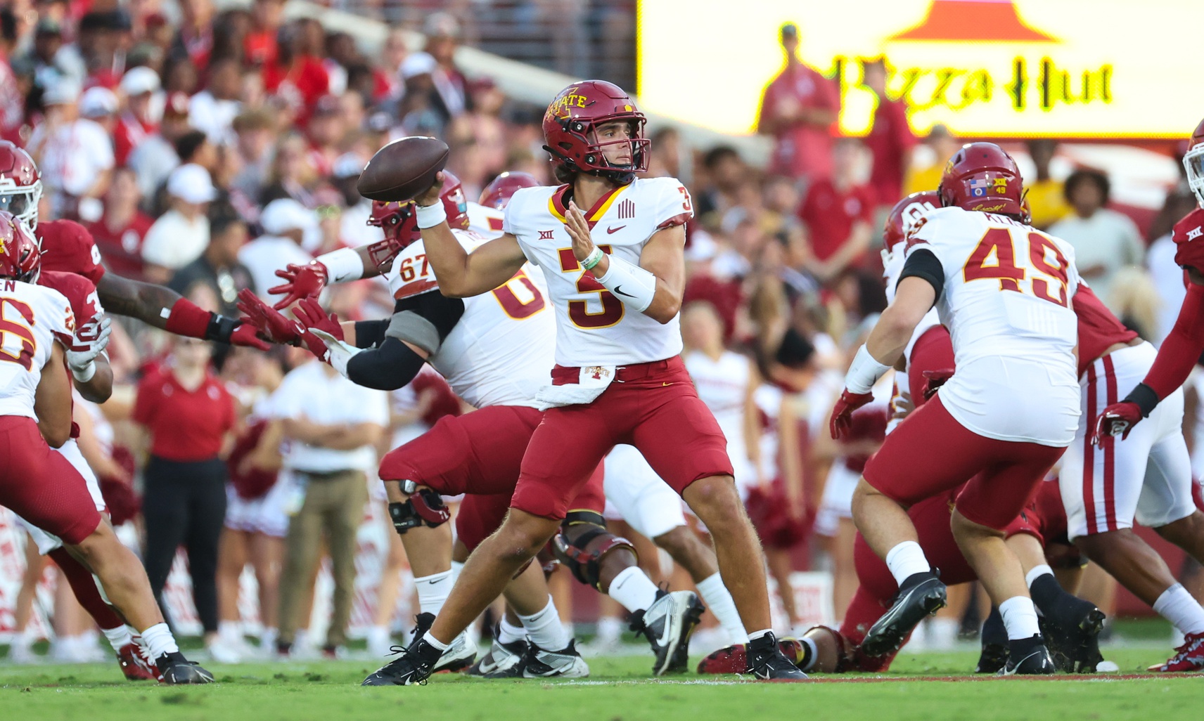 Sep 30, 2023; Norman, Oklahoma, USA; Iowa State Cyclones quarterback Rocco Becht (3) throws during the first half against the Oklahoma Sooners at Gaylord Family-Oklahoma Memorial Stadium