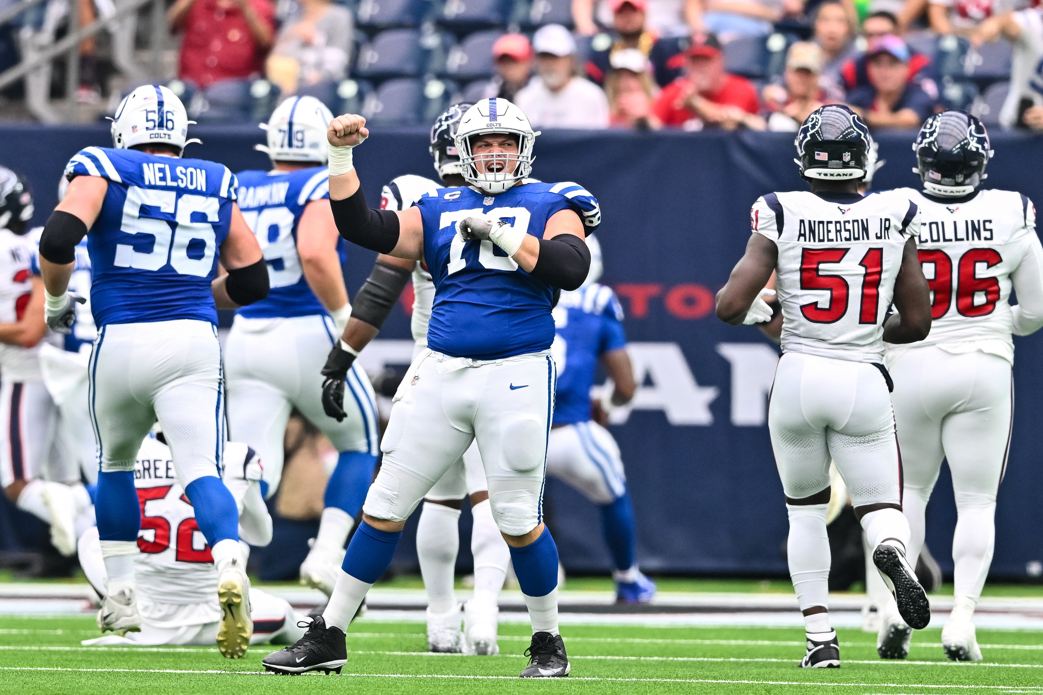 Sep 17, 2023; Houston, Texas, USA; Indianapolis Colts center Ryan Kelly (78) reacts during the first quarter against the Houston Texans at NRG Stadium.