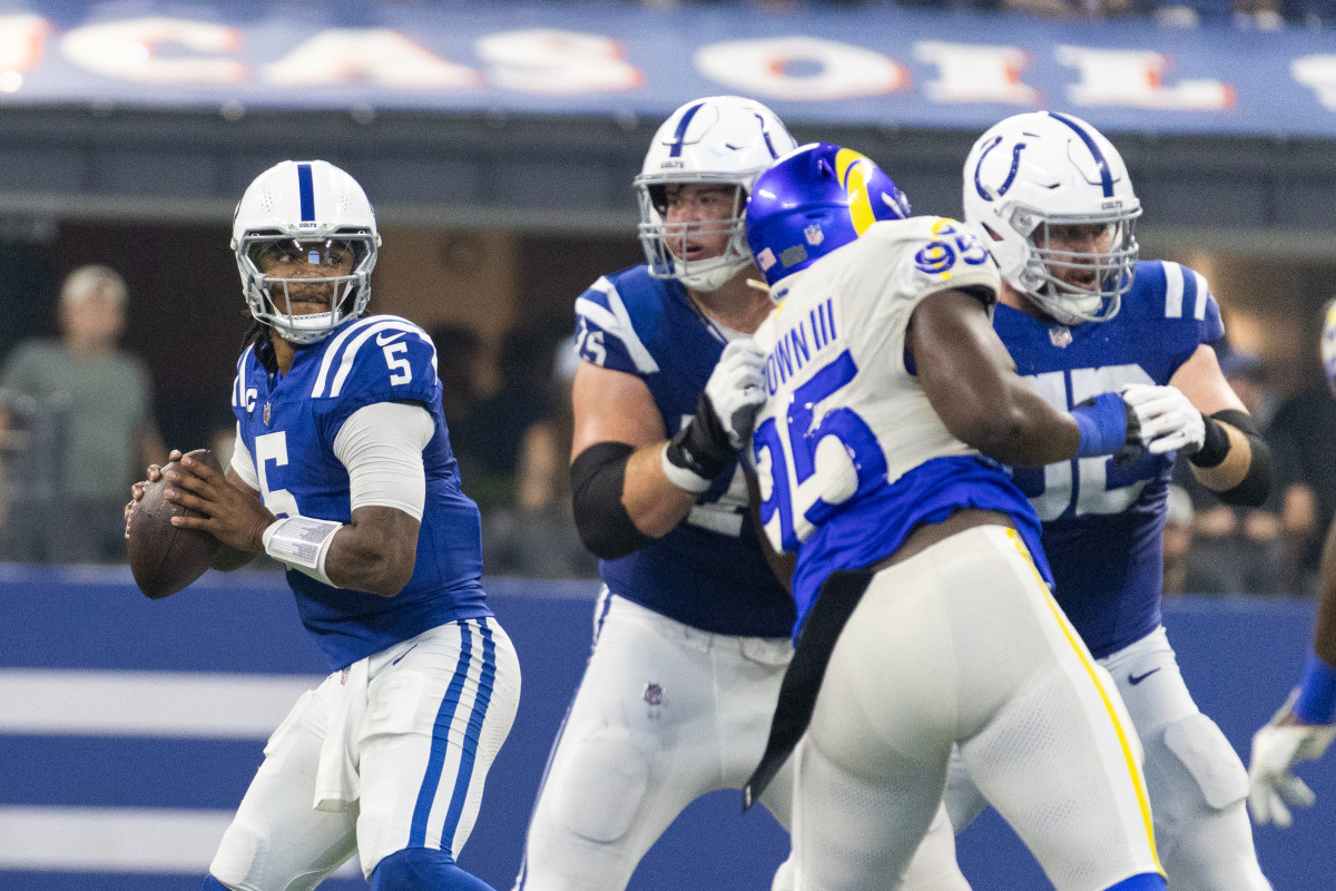 Oct 1, 2023; Indianapolis, Indiana, USA; Indianapolis Colts quarterback Anthony Richardson (5) passes the ball in the second half against the Los Angeles Rams at Lucas Oil Stadium.