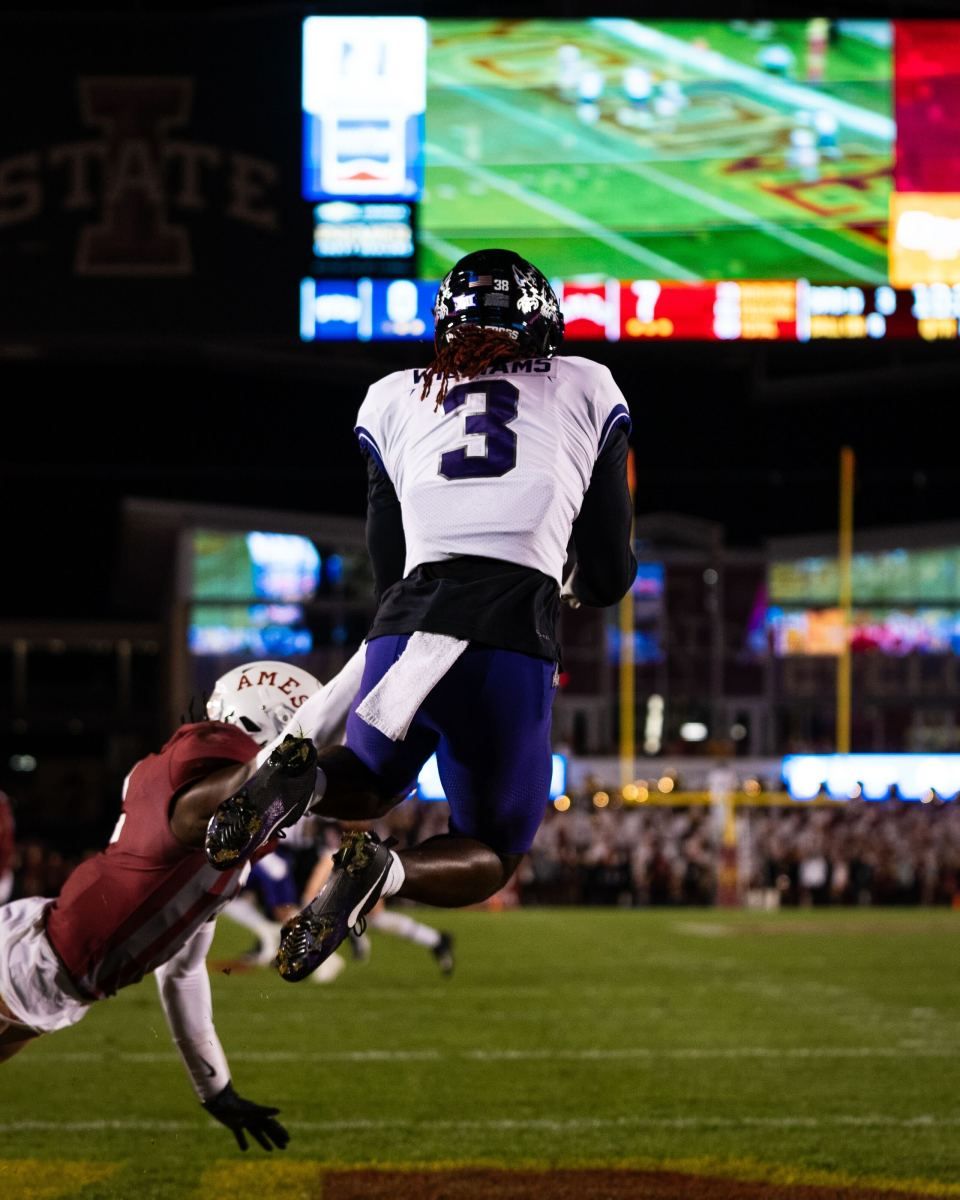 TCU wide receiver Savion Williams catches a 6-yard pass from Chandler Morris to put the Frogs on the board against Iowa State on October 7, 2023.
