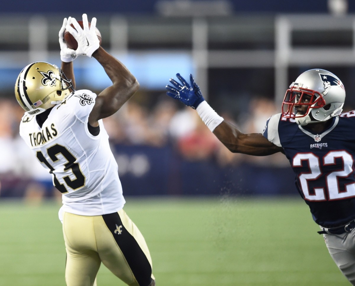 Aug 11, 2016; New Orleans Saints wide receiver Michael Thomas (13) catches a pass against the New England Patriots. Mandatory Credit: Bob DeChiara-USA TODAY