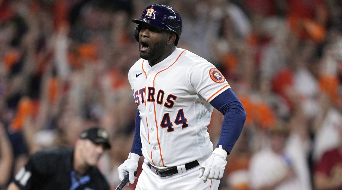 Astros designated hitter Yordan Alvarez reacts after his solo home run in Game 1 of 2023 ALDS
