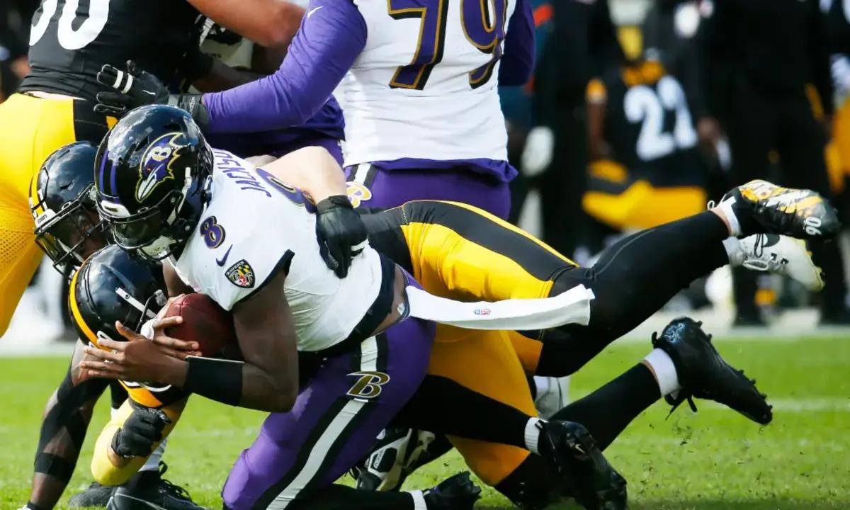 Ravens QB Lamar Jackson gets sacked in the Ravens' 17-10 loss to the Steelers on 10/8/23.