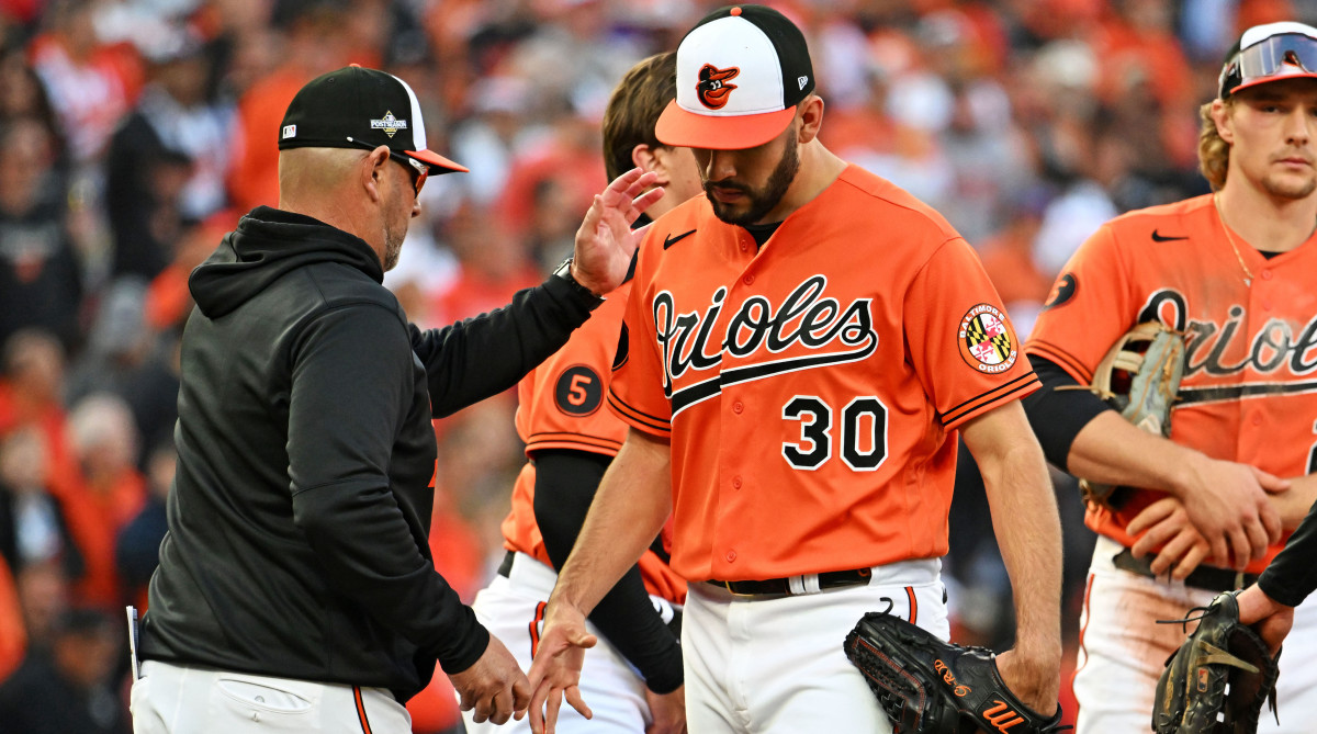 Orioles starting pitcher Grayson Rodriguez is pulled from the game during the second inning against the Rangers during Game 2 of the 2023 ALDS