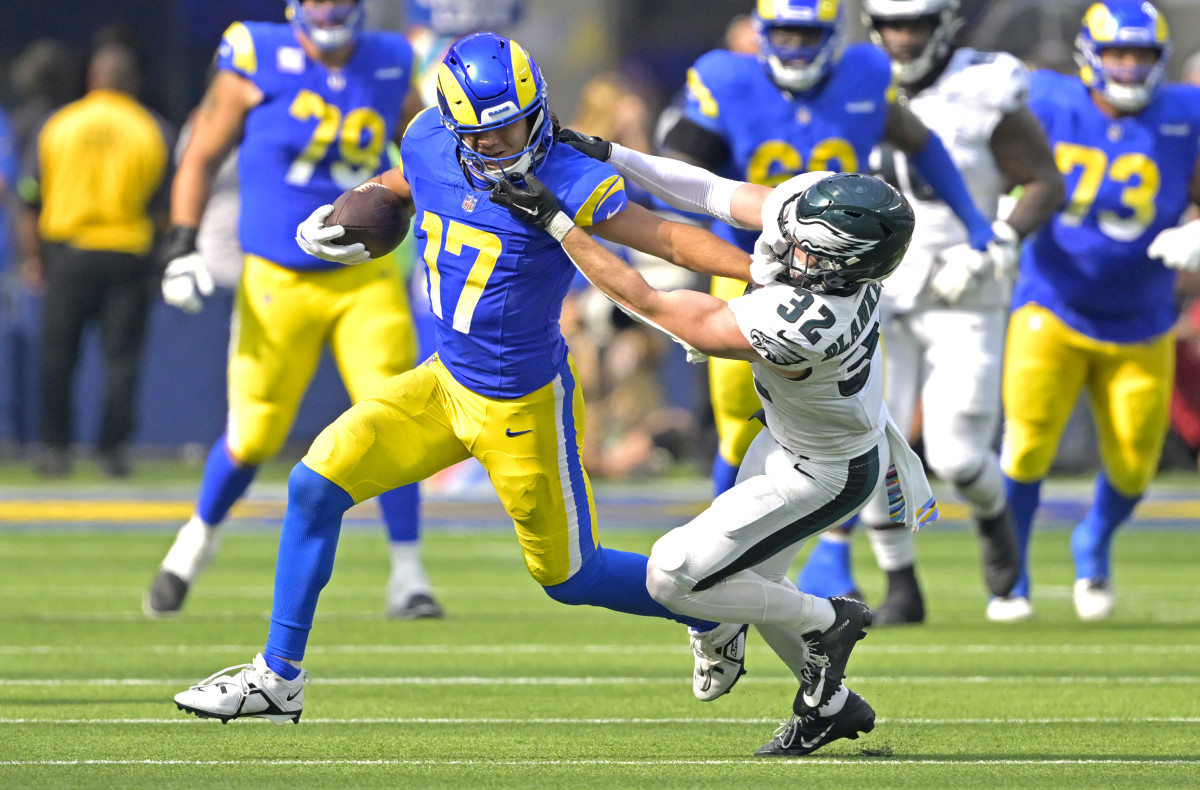 Los Angeles Rams wide receiver Puka Nacua (17) runs during their game against the Philadelphia Eagles Sunday.