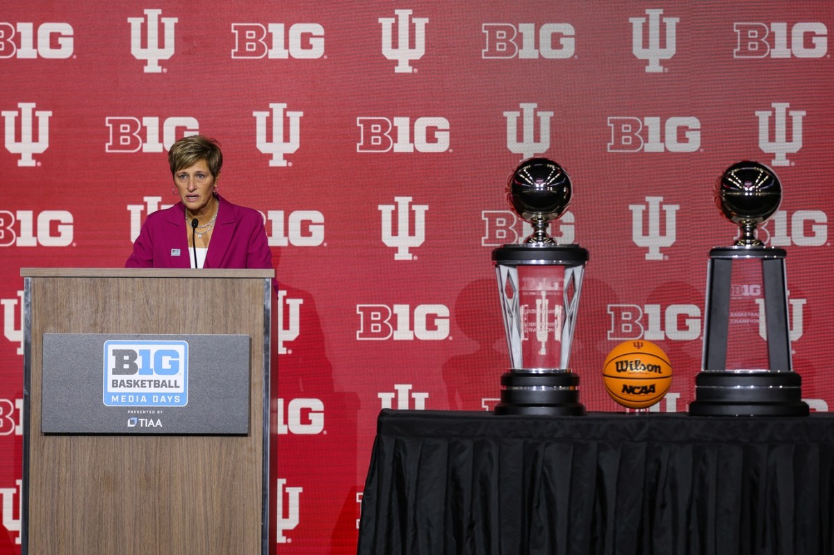 Indiana Hoosiers head coach Teri Moren speaks to the media at the Big Ten Basketball Media Days at the Target Center in Minneapolis.