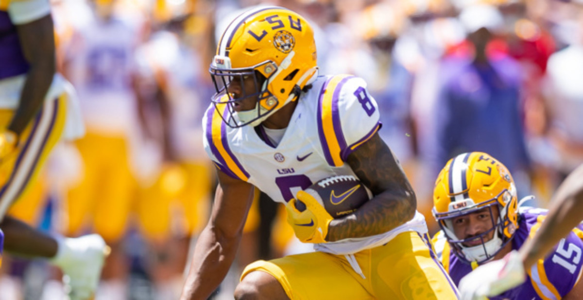 LSU Tigers wide receiver Malik Nabers catches a pass during a college football game in the SEC.