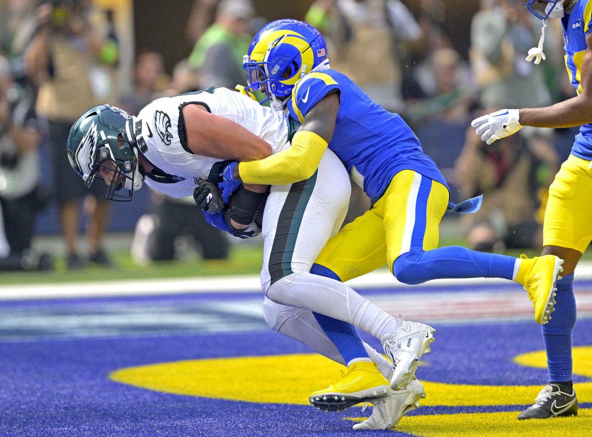 Oct 8, 2023; Inglewood, California, USA; Philadelphia Eagles tight end Dallas Goedert (88) drags Los Angeles Rams safety Russ Yeast (2) into the end zone for a touchdown in the first half at SoFi Stadium.