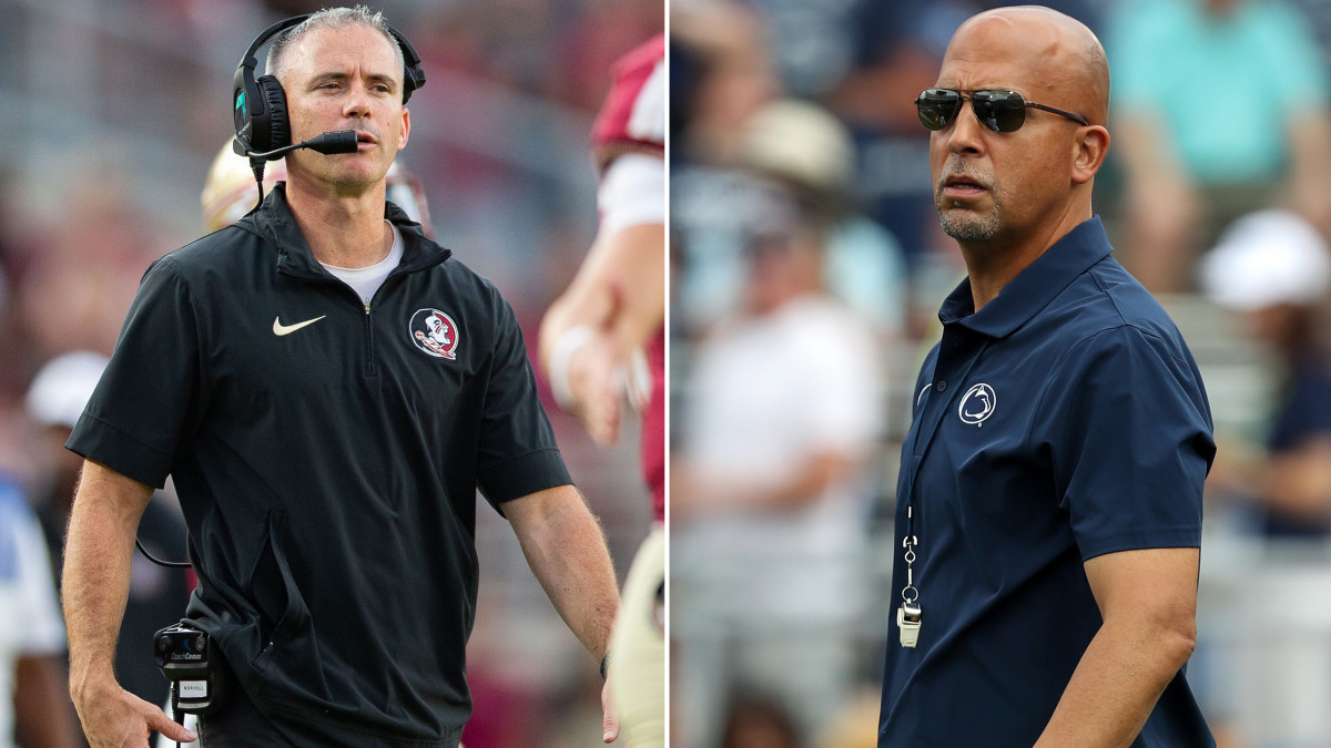 A split image of FSU coach Mike Norvell and Penn State coach James Franklin on the sidelines.
