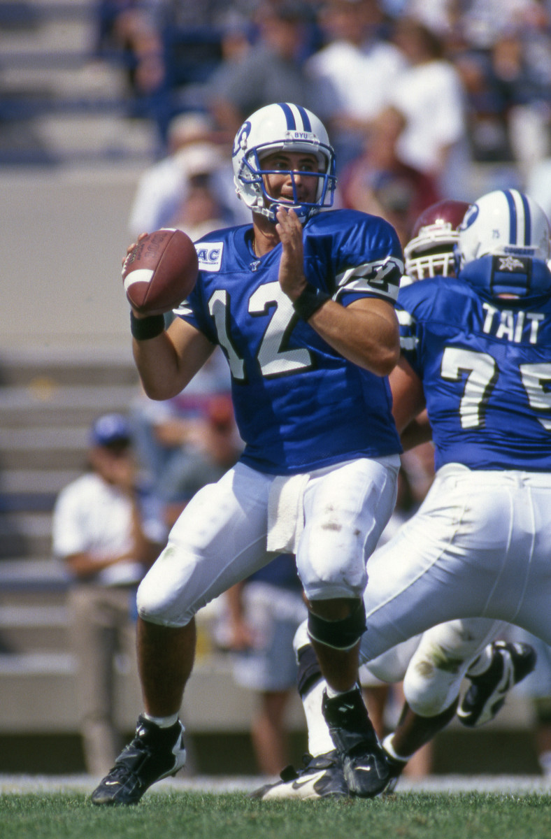 Aug 24, 1996; Provo, UT, USA, FILE PHOTO; BYU Cougars quarterback Steve Sarkisian (12) looks to throw against the Texas A&M Aggies at LaVell Edwards Stadium. Mandatory Credit: Peter Brouillet-USA TODAY NETWORK