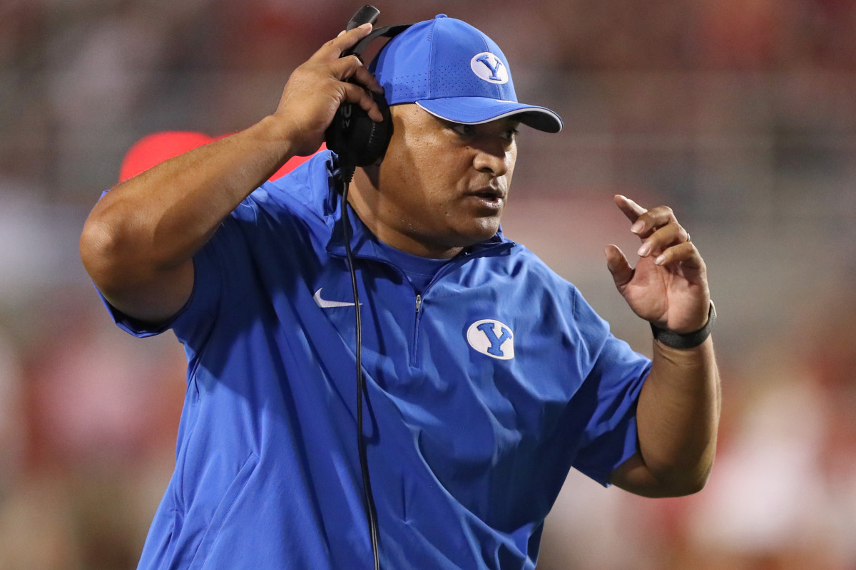 Sep 16, 2023; Fayetteville, Arkansas, USA; BYU Cougars head coach Kalani Sitake during the second half against the Arkansas Razorbacks at Donald W. Reynolds Razorback Stadium. BYU won 38-31. Mandatory Credit: Nelson Chenault-USA TODAY Sports