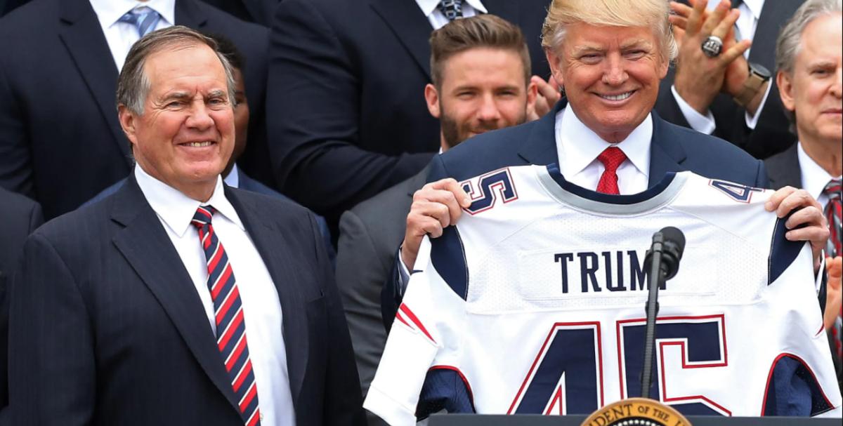 Belichick (L) poses with President Trump during the Patriots' visit to the White House in 2019
