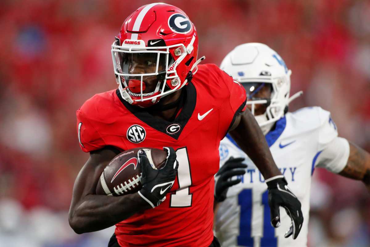 Georgia wide receiver Marcus Rosemy-Jacksaint (1) drives in for a touchdown during the first half of a NCAA college football game against Kentucky in Athens, Ga., on Saturday, Oct. 7, 2023. CREDIT - Joshua Jones