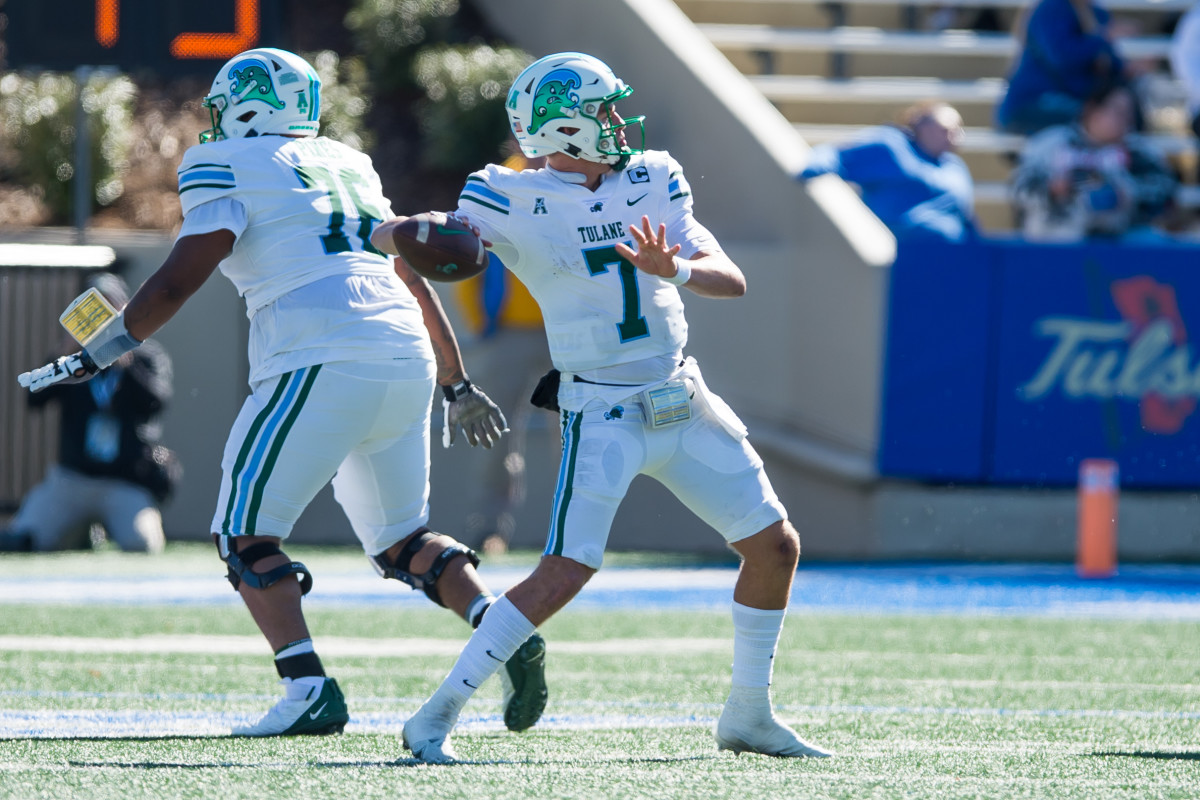 Nov 5, 2022; Tulsa, Oklahoma, USA; Tulane Green Wave quarterback Michael Pratt (7) throws a pass during the third quarter against the Tulsa Golden Hurricane at Skelly Field at H.A. Chapman Stadium. Tulane won 27-13. Mandatory Credit: Brett Rojo-USA TODAY Sports