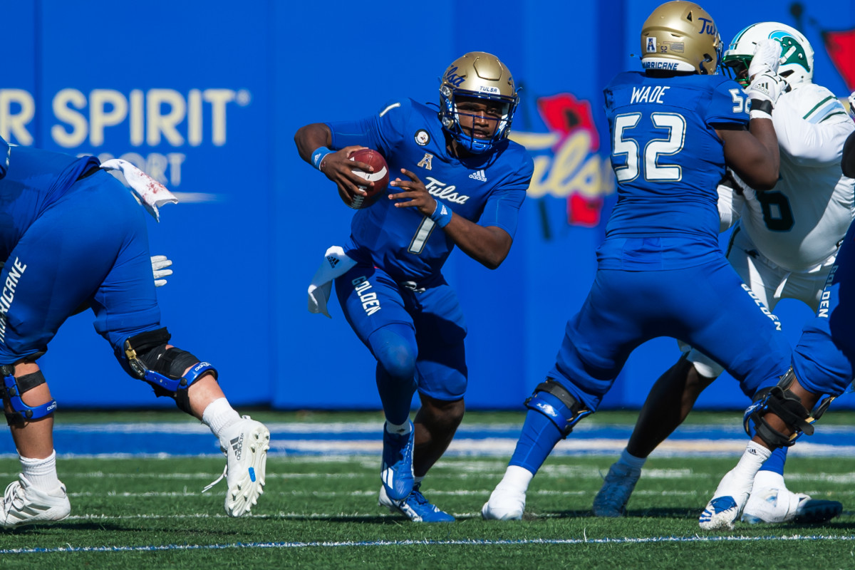 ov 5, 2022; Tulsa, Oklahoma, USA; Tulsa Golden Hurricane quarterback Braylon Braxton (1) runs the ball during the fourth quarter against the Tulane Green Wave at Skelly Field at H.A. Chapman Stadium. Tulane won 27-13. Mandatory Credit: Brett Rojo-USA TODAY Sports