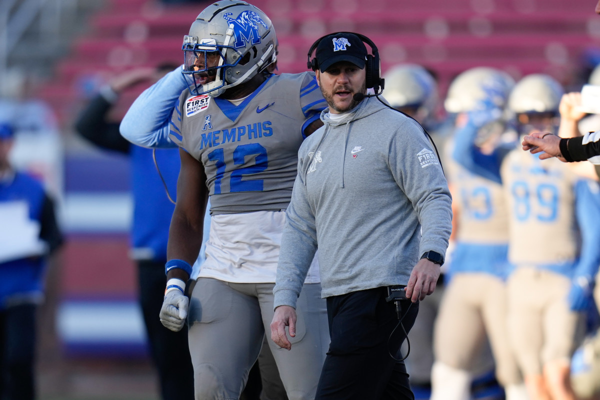 Dec 27, 2022; Dallas, Texas, USA; Memphis Tigers head coach Ryan Silverfield reacts during the second half in the 2022 First Responder Bowl at Gerald J. Ford Stadium. Mandatory Credit: Chris Jones-USA TODAY Sports