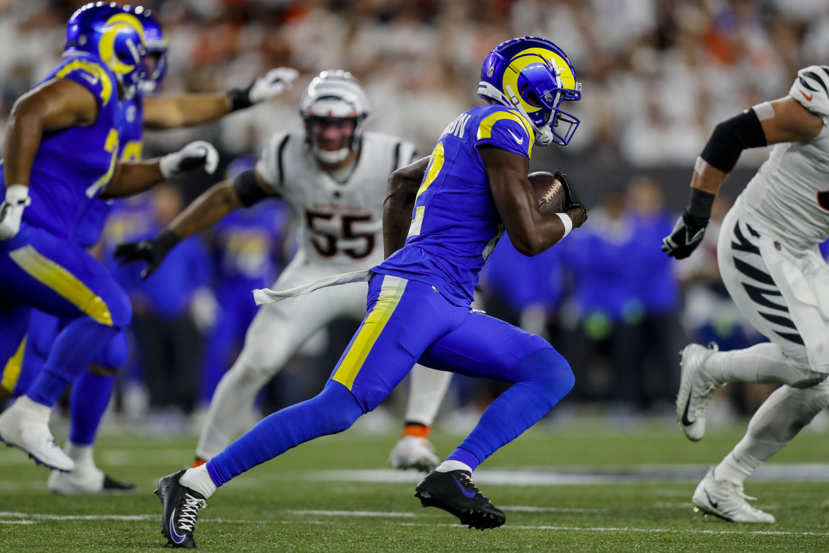 Los Angeles Rams wide receiver Van Jefferson (12) runs with the ball against the Cincinnati Bengals in the first half at Paycor Stadium.
